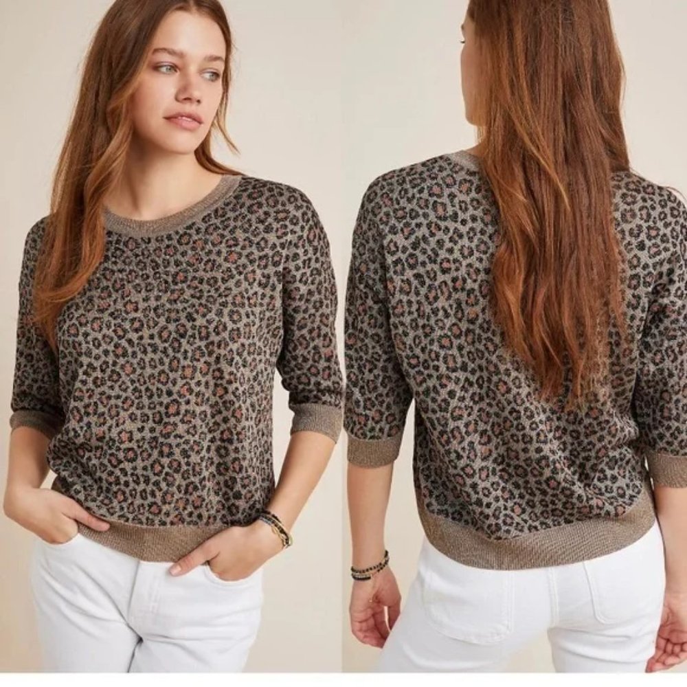 ANTHROPOLOGIE metallic leopard print 3/4 sleeve sweater top, size XS